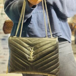 Yves Saint Laurent Black Chevron Shoulder Bag with Gold Chain